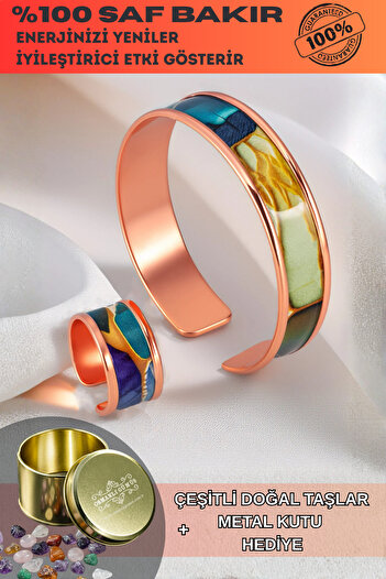 OSMANLI GÜMÜŞ Women's Copper Bracelet Ring Set - Diana Model Special Edition Metal Box and Quartz Stone