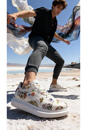 Knack Colorful Printed High Sole Casual Shoes - White Skull 046
