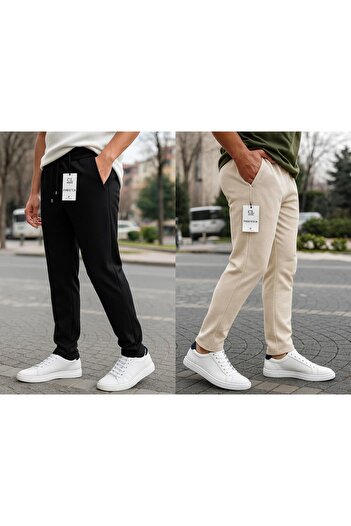 MAN&TARZ 2'li Erkek Bej-Siyah Pike Likralı Eşofman Altı-ALZ010033