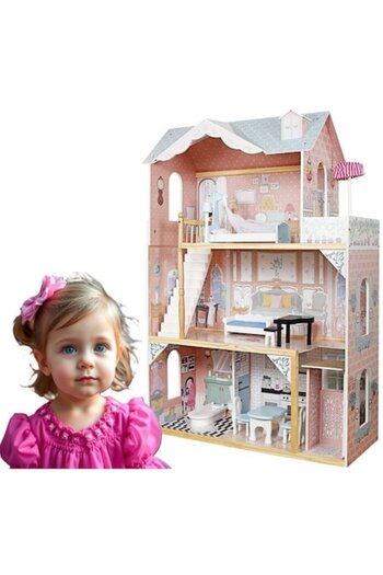 indiggo Casuta De Papusi Din Lemn, Modern Villa, 3 Niveluri, 4 Camere, Scara,lift, Inaltime 121cm, Pink/blue