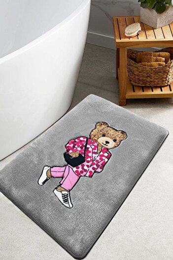 Chilai Home Boss Bear Gri Tekli Nakışlı Banyo Paspası ,Kaymaz Tabanlı 60x100cm