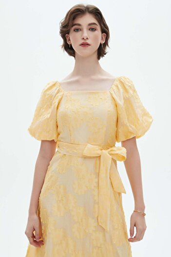 Nichii Embroidered Midi Dress with Wide Sleeves and Square Neck