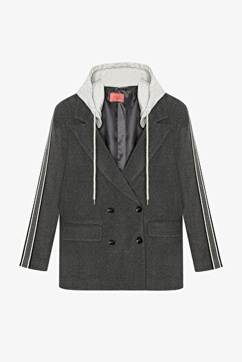 Quzu Hooded Striped Oversize Blazer Jacket Dark Gray