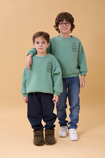 Perendi Boy's Crew Neck Bear Printed Sweatshirt Çağla