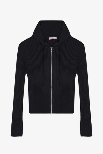 Quzu Zippered Hooded Knitwear Cardigan Navy Blue