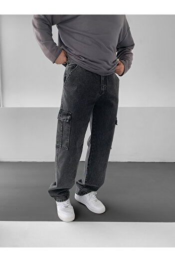NO1 KONSEPT Παντελόνι Gabardine Oversize Anthracite με τσέπες Cargo