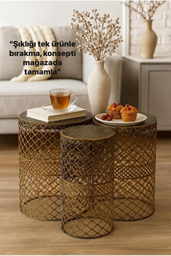 VENON Home Metal Modern Sehpa 3.lü Takım (25,30 VE 35 CM ÇAPLARINDA) Siyah Sarı Patine Orta Zigon Sehpa