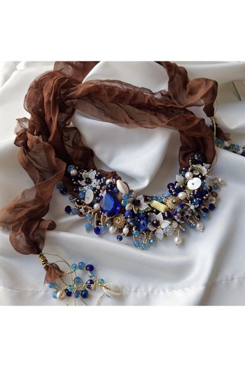 azra takı tasarım Handmade Silk Natural Pearl Natural Stone Needlepoint Coffee Parlament Blue Women's Long Scarf