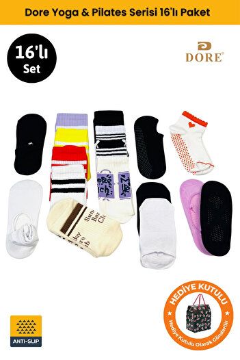 Dore Original Women's Set of 16 Yoga & Pilates Non-Slip Sole Trend Model Special Package Socks Set 16 Pairs