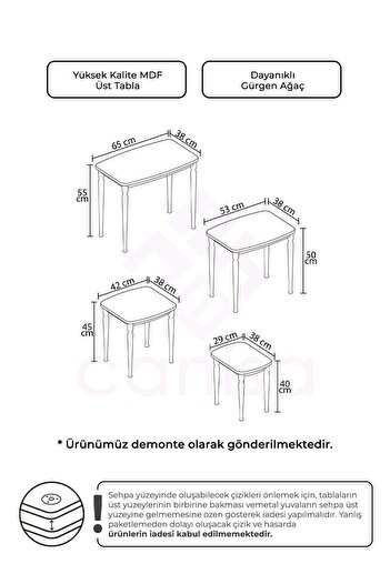 Canisa Tawe Serisi Mdf 1.Sınıf 4lü Zigon Sehpa Takımı Ceviz Renk Gürgen Ayaklar