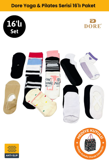 Dore Original Women's Set of 16 Yoga & Pilates Non-Slip Sole Trend Model Special Package Socks Set 16 Pairs