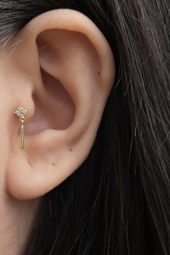 Siminkari 925 Ayar Gümüş Üzerine Mikron Altın Kaplama Gold Taşlı Çubuk Sallantılı Piercing Tragus Helix