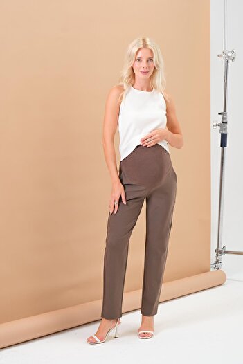 BUSA Pregnant Flexible Abdominal Banded Waist Adjustable Mom Fit Classic Gabardine Pants Mink