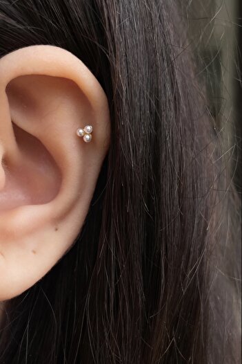 Siminkari 925 Ayar Gümüş Üzerine Mikron Altın Kaplama Mini Üç İncili Piercing Tragus Helix