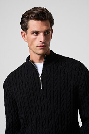 GRIMELANGE Ivar Men's Half-Zip Stand Collar Hair Knit Patterned Knitwear Black Sweater