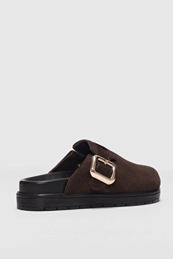 selinshoes Melby Genuine Leather Adjustable Buckle Detailed Women's Slippers - Brown Suede
