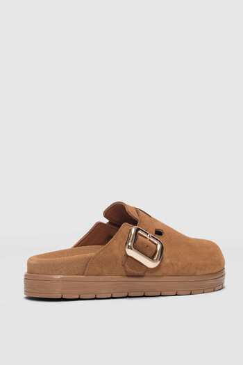 selinshoes Melby Genuine Leather Adjustable Buckle Detailed Women's Slippers - Taba Suede