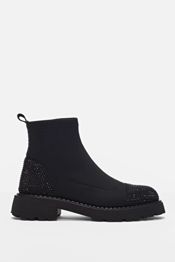 selinshoes Nova Front Sim Stone Detailed Women's Boots-Black