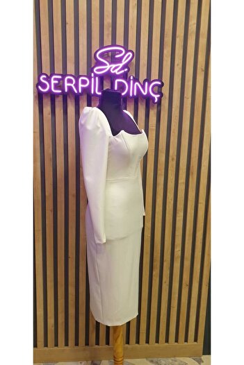 serpildinc Özel Tasarım Beyaz Midi Boy Elbise