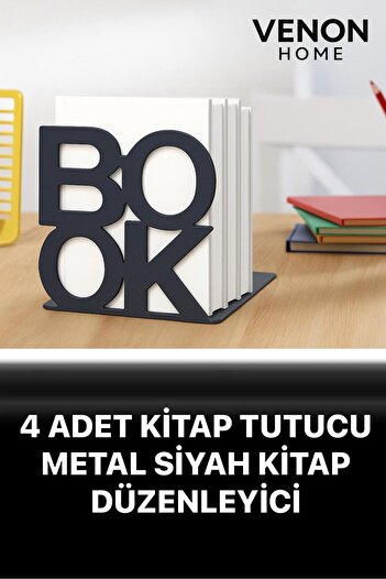 VENON 4 Pcs Black Book Holder Book Metal Book Support Home and Office Decorative Accessory Bookshelf Organizing