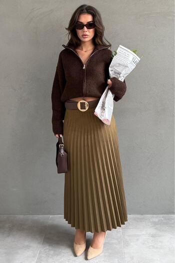 Madmext Khaki Pleated Belted Long Suede Women's Skirt Mg2576