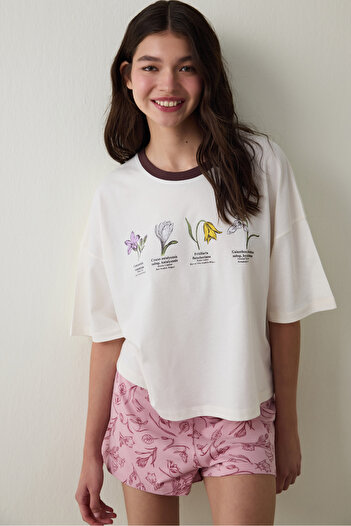 Penti Ecru Steppen-Tulpe Blume Druck Bio-Baumwolle Rundhals Kurzarm Shorts Pyjama Set - Inspi
