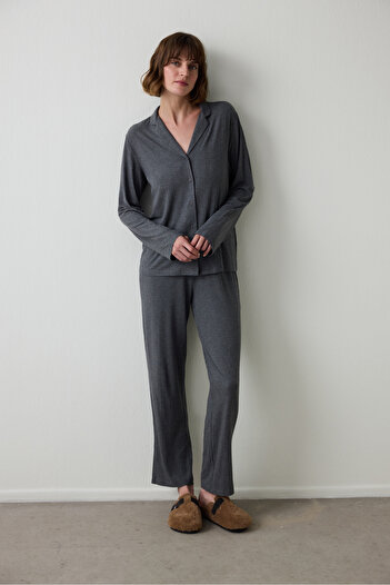 Penti Gray Melange Ribbed Shirt Collar Long Sleeve Pajama Set