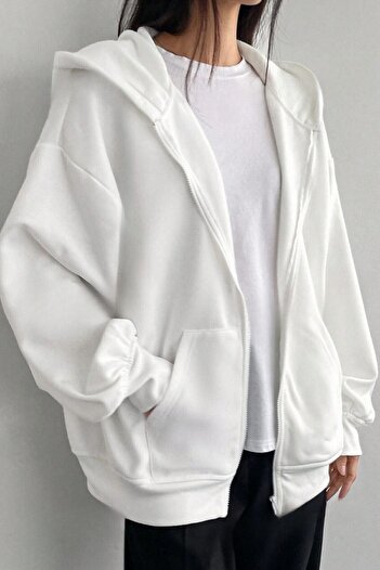 Know Women's 3 Thread White Hood Detail Zippered Cardigan