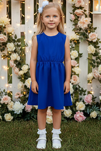 Parla Kids 0023 - Kız Çocuk Double Kumaş Saks Mavi Elbise