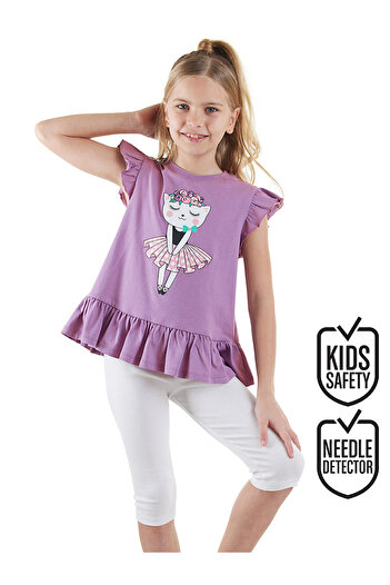 Denokids Floral Cat Girl Lila T-Shirt Leggings Set