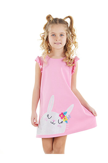 Denokids Ροζ βαμβακερό καλοκαιρινό φόρεμα για κορίτσια - κουνέλι και βολάν
