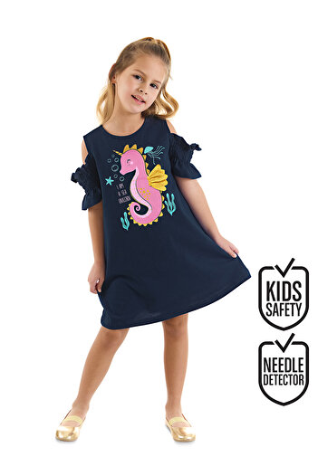 MSHB&G Marineblaues Sommerkleid aus gekämmter Baumwolle mit Einhornmuster für Mädchen - Seepferdchen