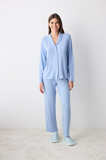 Penti Emilia Blaues Hemd-Hosen-Pyjama-Set