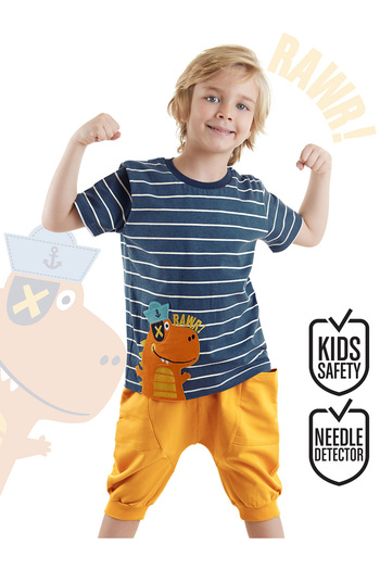 Denokids Sommeranzug für Jungen - Gestreiftes Matrosen-Dino-T-Shirt und Capri-Shorts