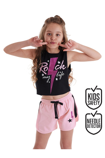 MSHB&G Rock Life Girl - Schwarz-rosa Sommer-Set aus kurzem T-Shirt und Shorts