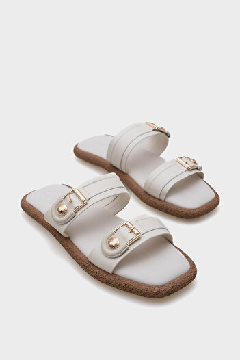 Capone Outfitters Enya Genuine Leather Double Buckle Flat Heeled Comfort Women's Slippers