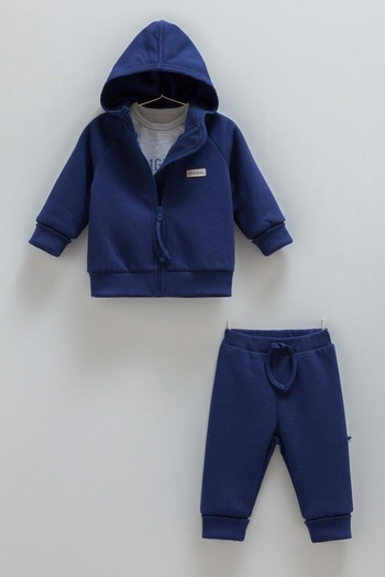 Caramell Bsic Men's Hooded Three-Thread Bottom Top Set Indigo