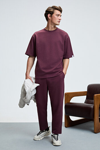 GRIMELANGE Barnaby Men's Round Neck Burgundy Top and Bottom Set with Sleeve and Trouser Pocket Ornament Label Detail