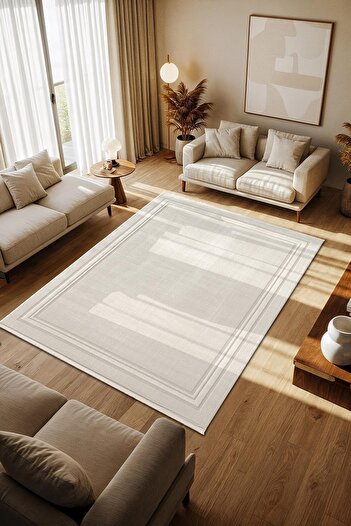 Cotto Home Cotto Motto TT006W Krem Halı Klasik Çerçeveli Desen Pamuk Taban Yıkanabilir Salon Mutfak Halısı