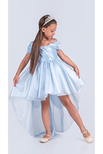 Mnk Baby&Kids Kız Çocuk Düşük Omuz Detaylı Işıltılı Prenses Elbisesi M00760 MAVİ