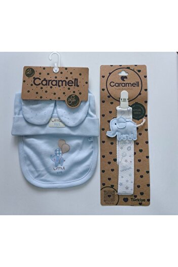 Caramell My Baby Kumsal 3-Piece Set Accessories Gloves Bib Beanie Good Baby 2077 and Blue Elephant Pacifier Strap