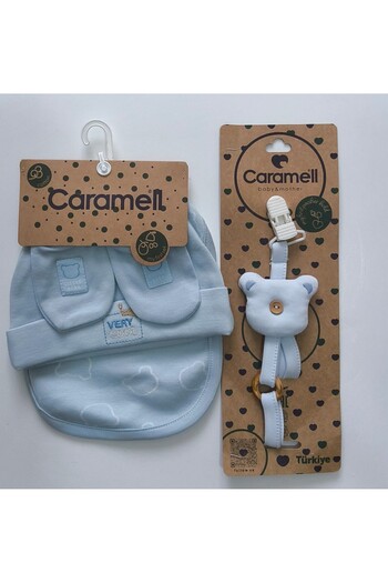 Caramell My Baby Kumsal 3-Piece Set Accessories Gloves Bib Beanie Good Baby 2077 and Blue Teddy Bear Pacifier Strap