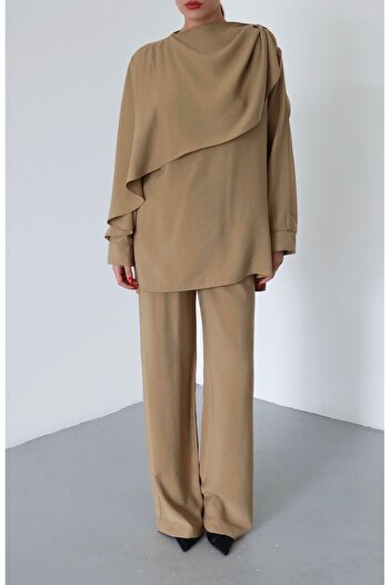 Laluvia Camel Drape Collar Blouse Trousers Set - 8625