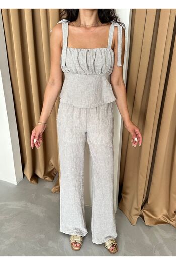 Laluvia Ecru Thick Straps Blouse Pants Set