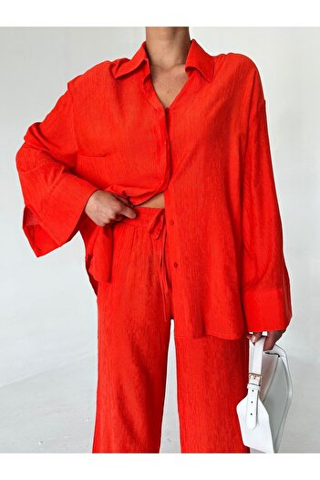 Laluvia Orangefarbenes Set aus Hemd und Hose mit Strukturmuster