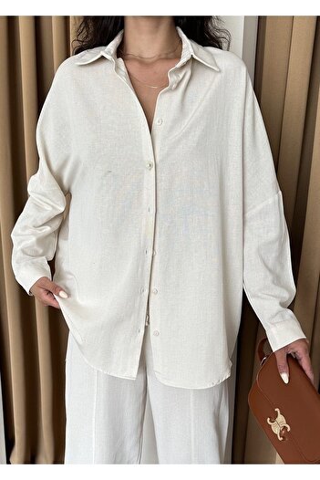 Laluvia Stone Color Oversize Off Shoulder Linen Shirt
