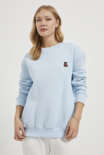 Arma Life Women's Teddy Bear Embroidery Embroidered Blue Casual Sweatshirt