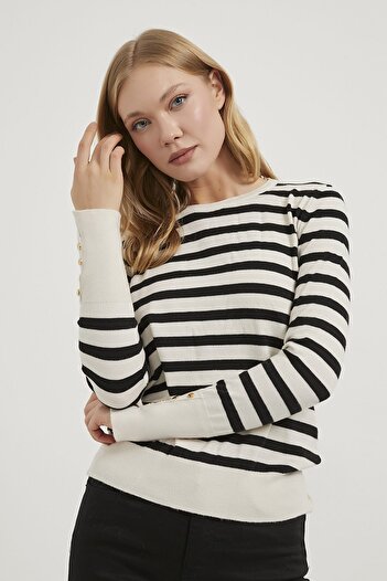 Arma Life Armalife 4696 Bis Collar Striped Sleeve Button Detail Premium Women's Sweater