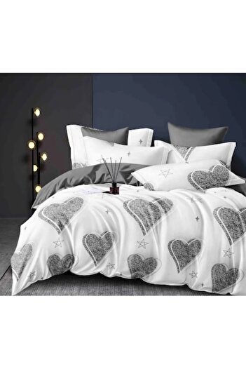 OEM Double Bed Linen Set, 6 Pieces, Fine Cotton, Gray Heart Pattern