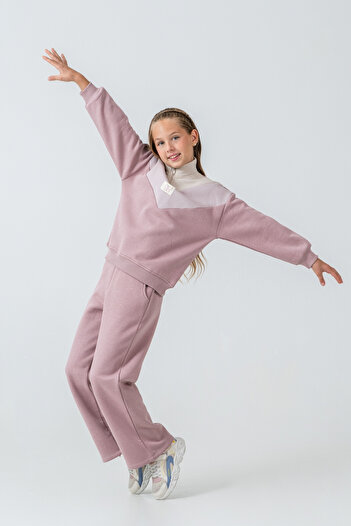 AHENGİM Girl's Butterfly Detailed Half Zipper 3 Thread Thick Winter Tracksuit Set Ak4233